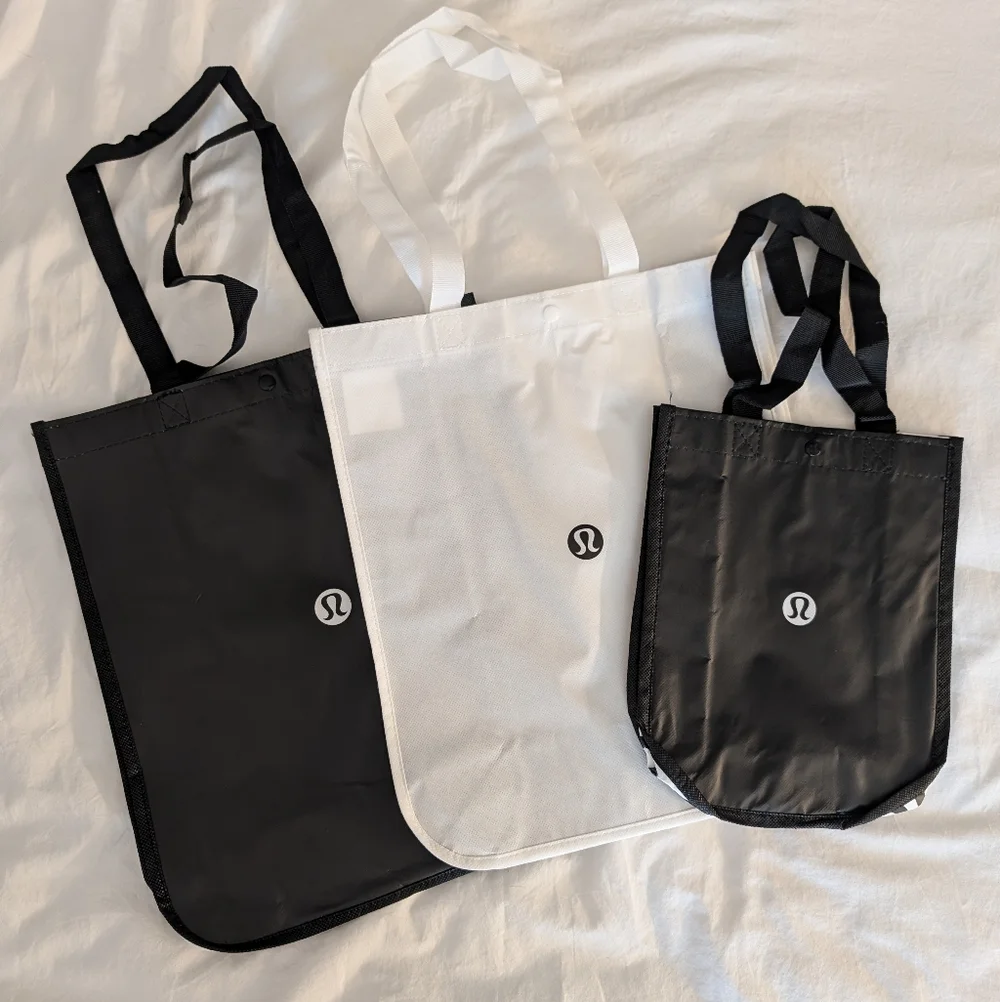 Three Lululemon Shopper Totes - Two Large Bags & One Small - Black & White